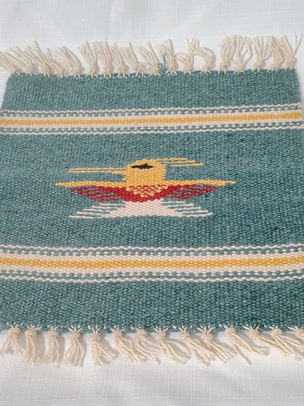 Brilliant Native American Thunder Bird Wool Tapestry Mat Handwoven 10"x10"